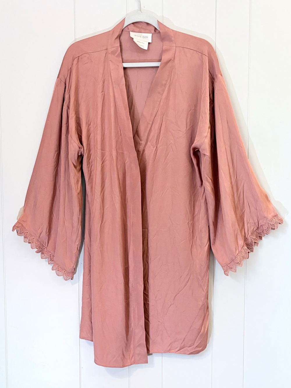 BHLDN Rosewood Satin Kimono Robe with Lace Trim NO BELT